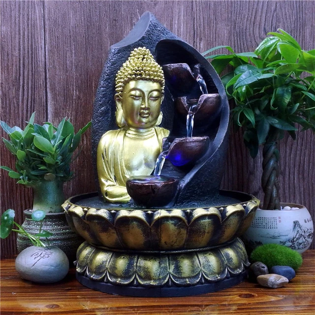 Sitting  Fountain Waterfall Fenshui Tabletop  LED Lights Garden  Statue for