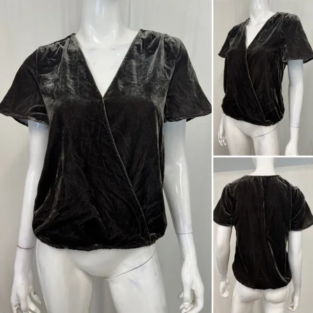 NWT $108 Splendid Women's Small Dark Gray Velvet V-Neck Short Sleeve Top Blouse