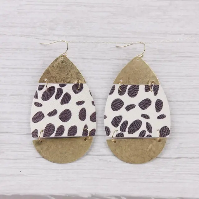 Brass Metallic Triangle Cheetah Leather Oval Dangle Statement Women Earrings