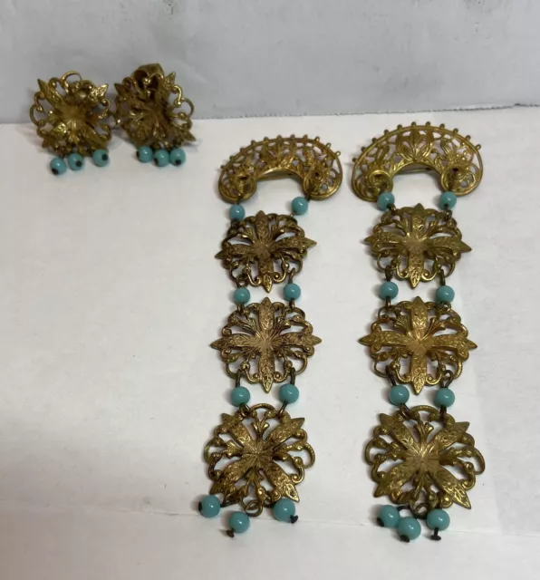 Vintage Earring & Brooches Jewelry Set, Gold Tone,Filigree,Beads