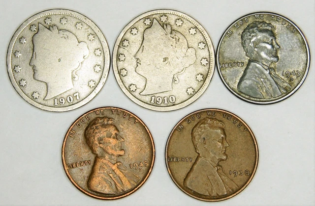 Liberty V Nickel, Steel Wheat, Lincoln Wheat Mixed - 5 coin lot
