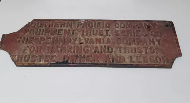 Vintage SP RR Southern Pacific Railroad 1st Pa. Bank Cast Iron Sign Plaque Chips