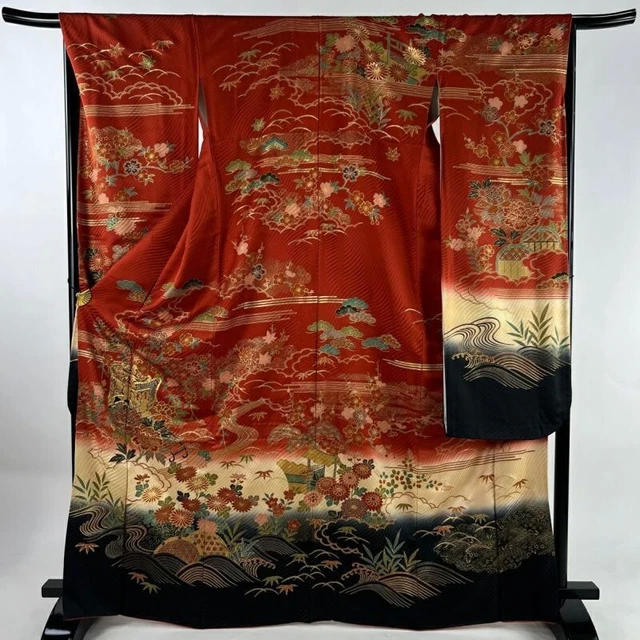 Japanese Kimono Furisode Pure Silk An Ox Drawn Coach Flowering Grasses Red