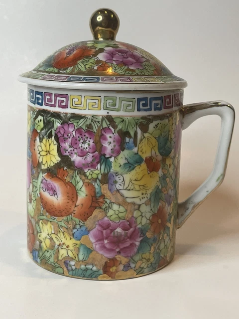 Chinese Thousand Flower Mug Gold Trimmed Hand Painted Tea Cup with Lid