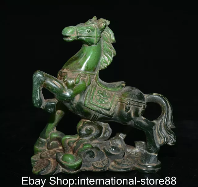 6.8" Rare Old Chinese Green Jade Carved Feng Shui Horse Wealth Luck Statue