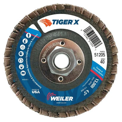 Tiger X Flap Disc, 4-1/2 in Angled, 40 Grit, 5/8 in to 11 Arbor Weiler WEILER