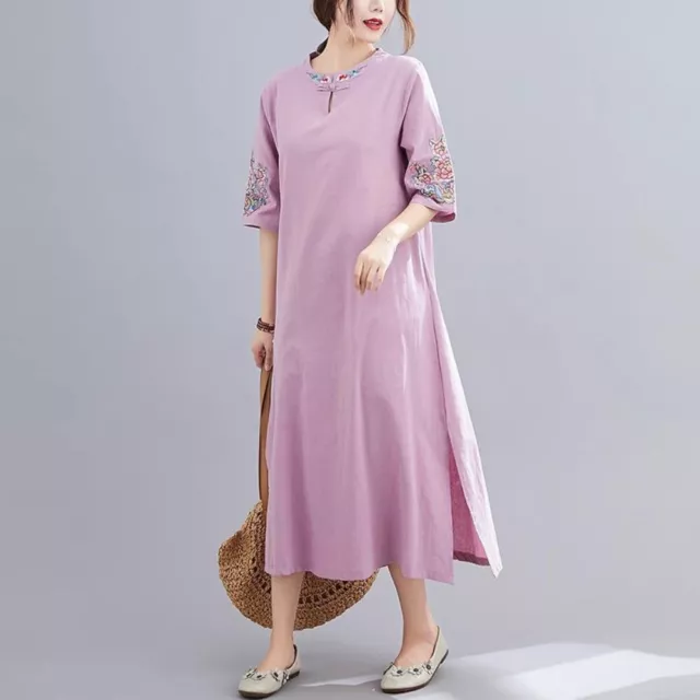 Femme Robe Brodée Chinois Floral Midi Demi Manche Qipao Coton Rétro