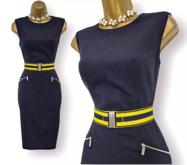 Karen Millen Navy Yellow Belted Tailored Wiggle Pencil Occasion Dress UK 10