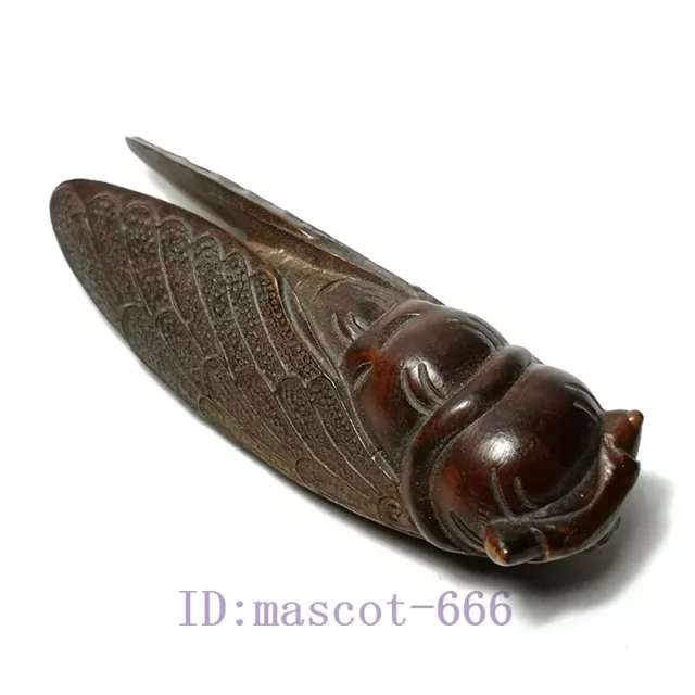 Collectable Old China Boxwood Hand Carved Cicada Figure Statue Family Ornament