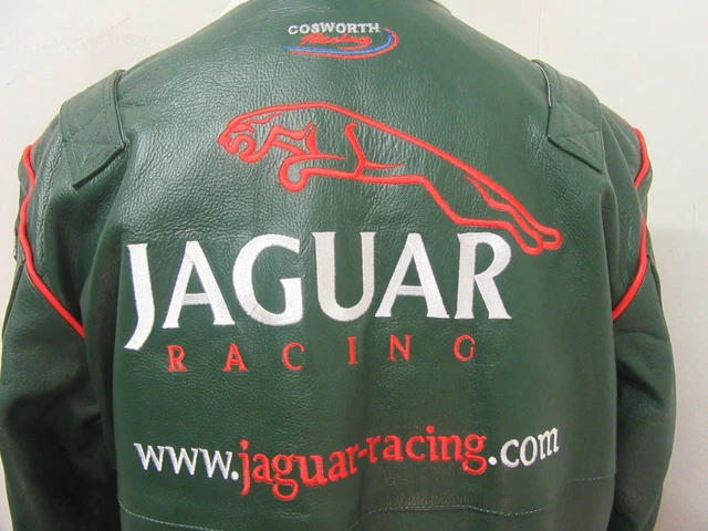 Vintage Leather Motorcycle Racing Jacket Size Xl With Jaguar, Hsbc, Texaco Logo