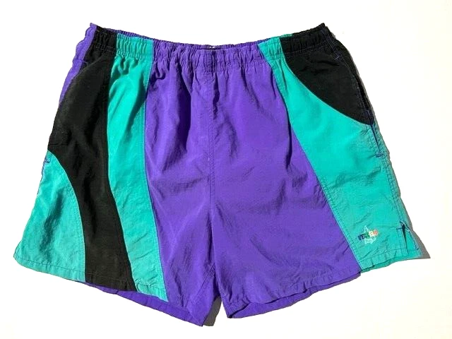 Vtg 90's VESSELS Mens Graphic Bold Black Purple Green Swim Shorts Trunks sz L
