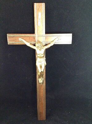 Vintage Religious Wood Wall Crucifix Wooden Cross Metal  INRI Jesus Christ
