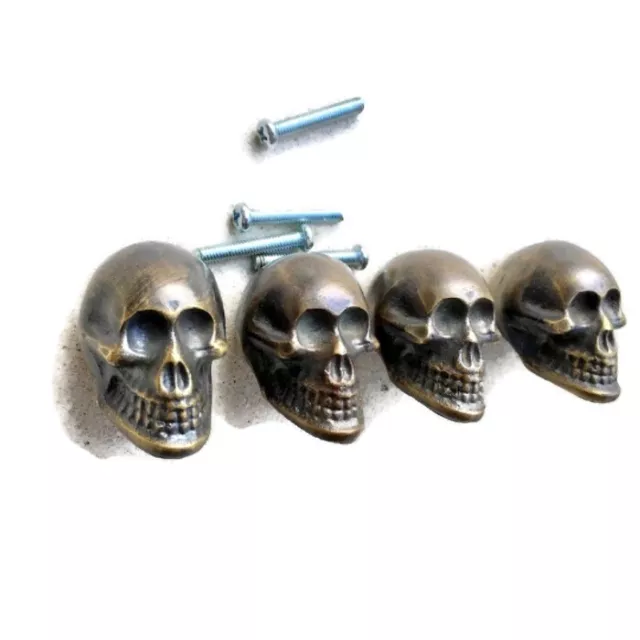 8 small Skull Drawer Gothic Finger Pull Solid aged Brass 1.3/4" knobs drawers B 2