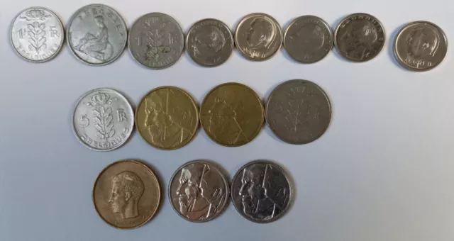 Belgique, lot de 15 pièces de 1, 5, 20 et 50 francs 1929-1995