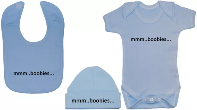 Boobies Babygrow Bodysuit Romper Vest, Feeding Bib & Hat Cap 0-12m Boy Girl