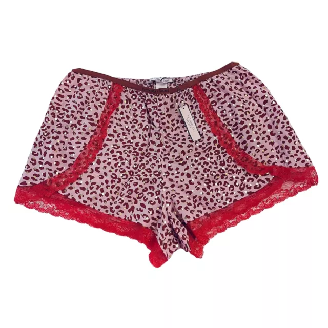 Victorias Secret Sleep Shorts Pajama Bottoms Red Stripes Gold Lace Trim Small