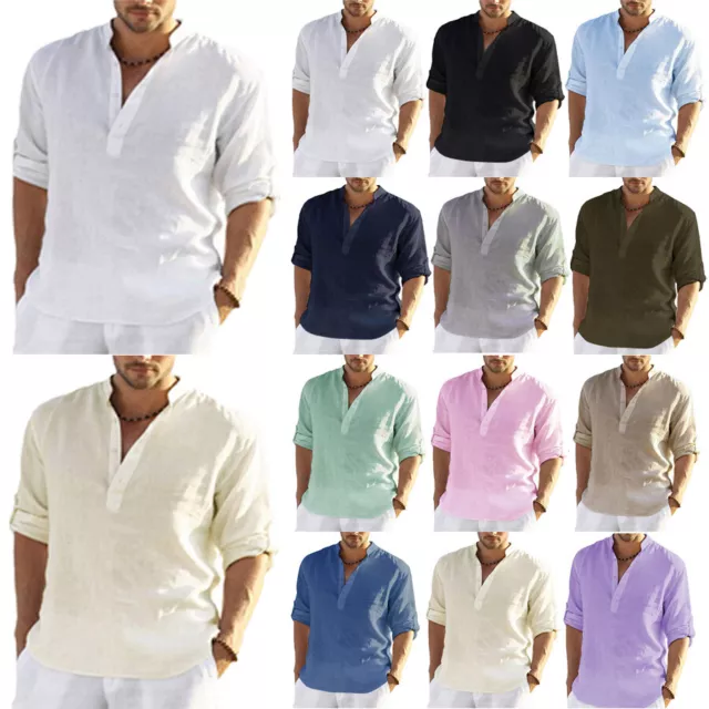 Mens Blouse Top Linen Long Sleeve Shirts Solid Loose Casual Dress Shirt Summer〕