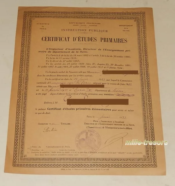 DIPLOME : CERTIFICAT D'ETUDES PRIMAIRES Elémentaires - Académie de PARIS 1933