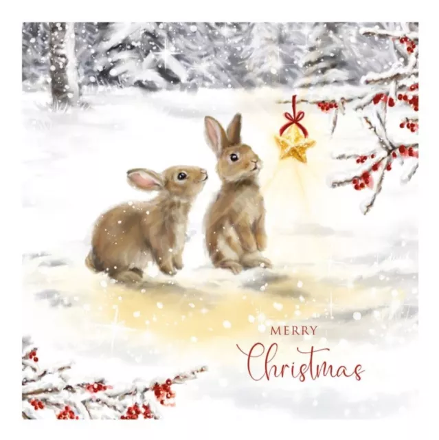 Cute Rabbits & Christmas Star ~ Charity Christmas Card ~ SINGLE CARD~See Desc