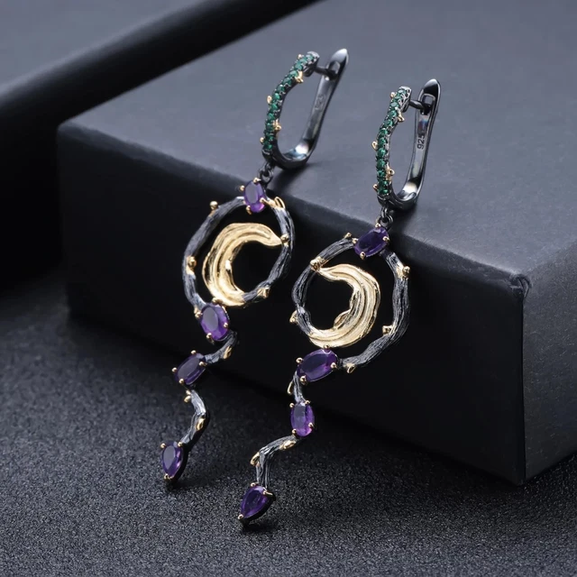 Natural Amethyst Gemstone Handmade 925 Sterling Silver Moon Drop Earrings