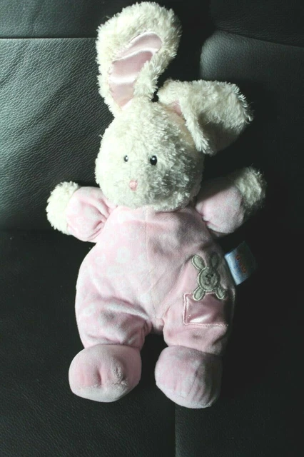 Doudou lapin blanc et rose BABY GUND coeur brode lapin grelot 30 cm