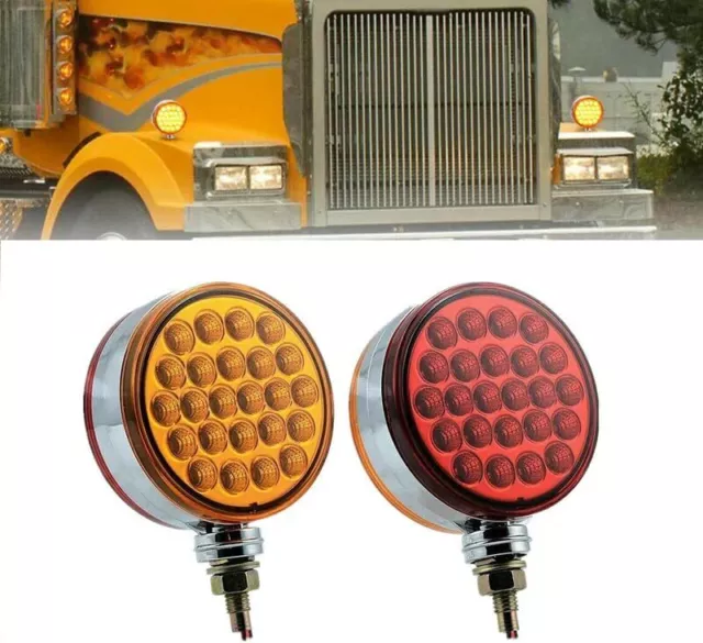 2X Red/Amber 4" Round Dual Face Stud Pearl 48 LED Pedestal Lights Reflector Lamp