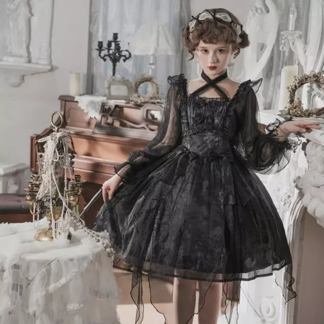 Donna Gotico Abito a Balze Rete Puff Maniche Fiocco Steampunk Cosplay Irregolare