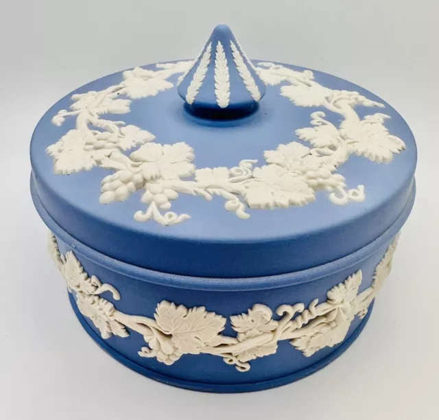 Wedgwood England Blue Jasperware Round Trinket Box Vine Steeple Lid Candy Dish