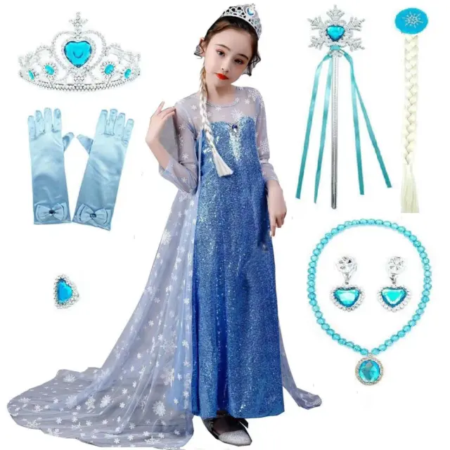 Girls Sequins Elsa Princess Dress Queen Cosplay Costume Fancy Dress&7 piece set