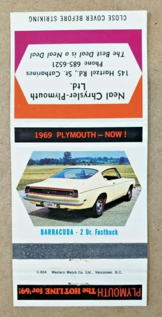 Vintage 1969 Chrysler Plymouth Dealer Barracuda Fastback Promo Match Cover MOPAR