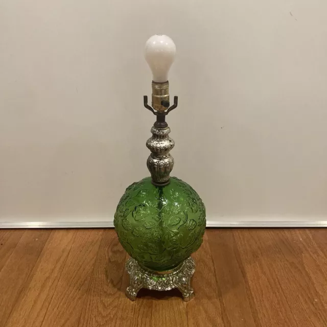 VTG Mid Century Hollywood Regency Green Glass Floral Globe Lamp “Crystal Corp”