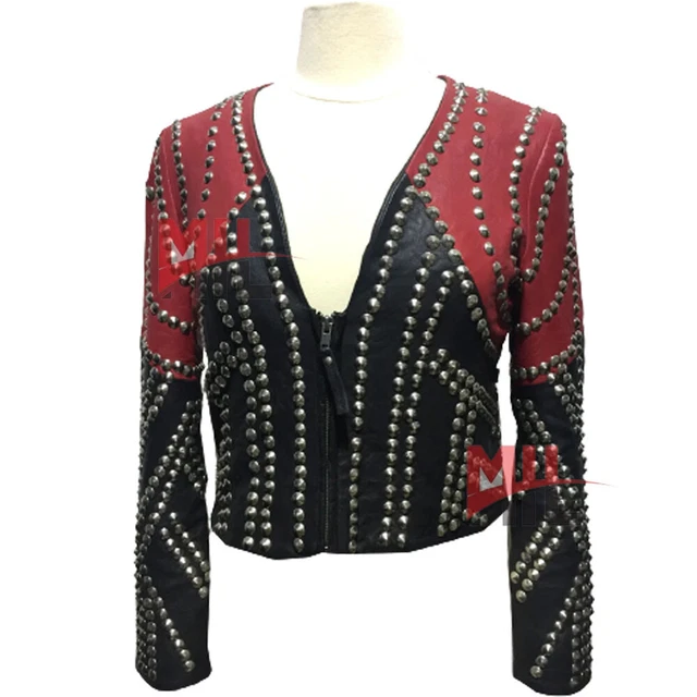 Handmade Women Black Red Fully Studded Genuine Lambskin Pure Leather Jacket