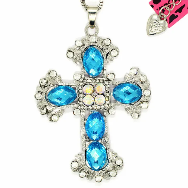 Hot Betsey Johnson Blue Bling Crystal Cross Pendant Sweater Chain Women Necklace