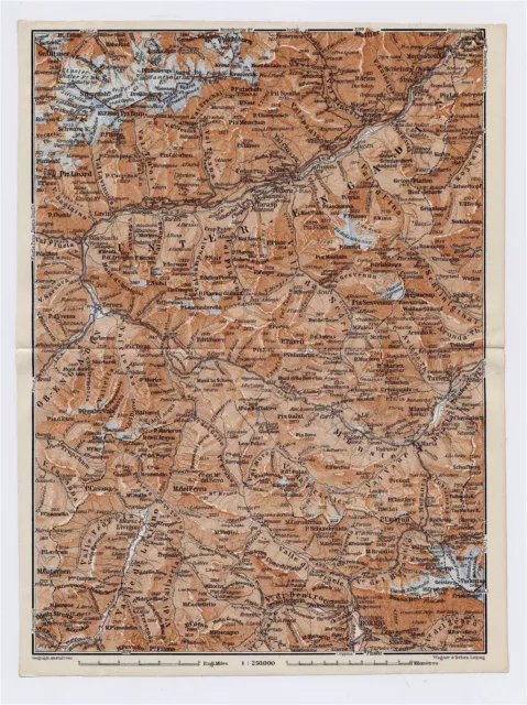 1911 Original Antique Map Of Vicinity Of Scuol Silvretta Alps Switzerland Italy