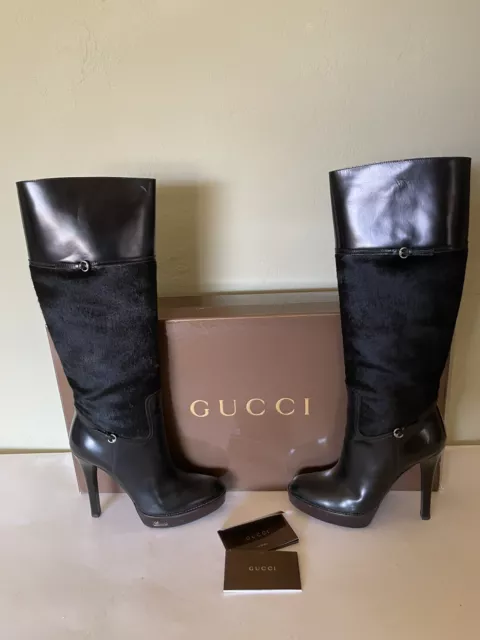 Gucci Black Pony Hair and Leather Knee High Platform Boots size 9.5 B