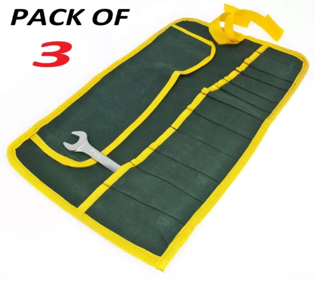 3 X Canvas 12 Pocket Spanner Wrench Holder Tool Roll Up Storage Bag Case Pouch