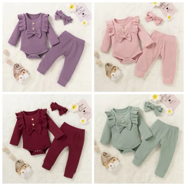 Infant Baby Girl Romper Clothes Long Sleeves Outfit Bodysuit Pants Headband Set