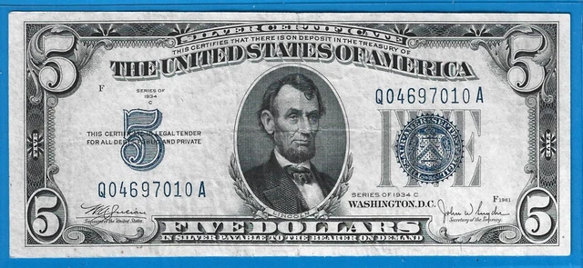 1934 C $5 Silver Certificate,Blue Seal,Circ Crisp VF,Nice!