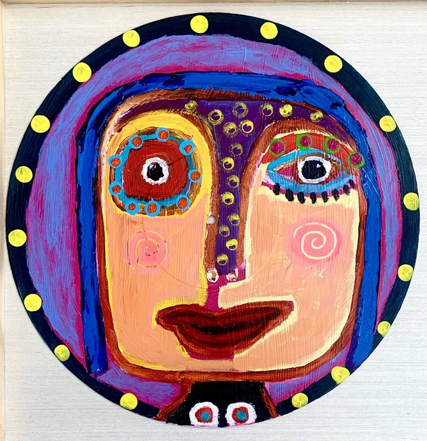 Tracey Ann Finley Original Blue Hair Lady Painting Outsider Folk raw Brut Art NR