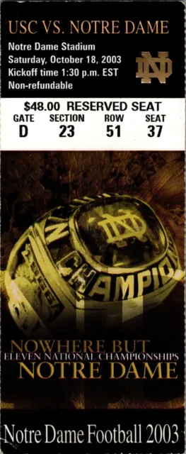 Vintage Notre Dame Trojans Football Ticket Stub 10/18/2003