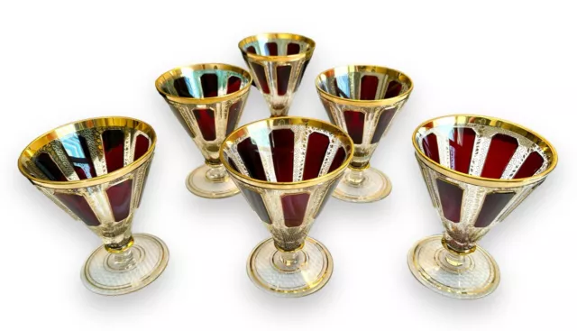 Six Moser Crystal Czech Style Goblets Napoleon III Crystal Ruby Cabochon 24kt