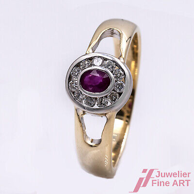 Ring 14K Gg - 1 Oval Faceted Ruby +11 Diamonds 0,20 CT - 3,6 G Size 55