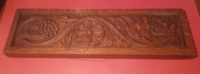 Antique Carved Thick Oak Panel Plaque Grapes Vines Flowers 18 x 5 1/4 x 1 1/8"