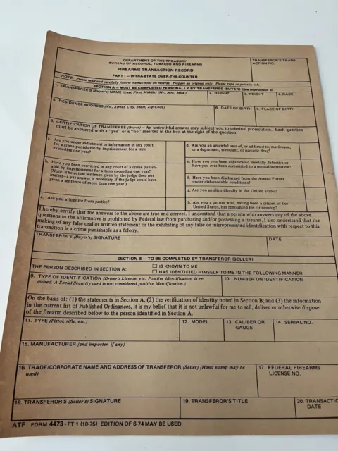 Original 1976 Firearms Transactions Record ATF Blank Form 4473 Part 1 Unused Vtg
