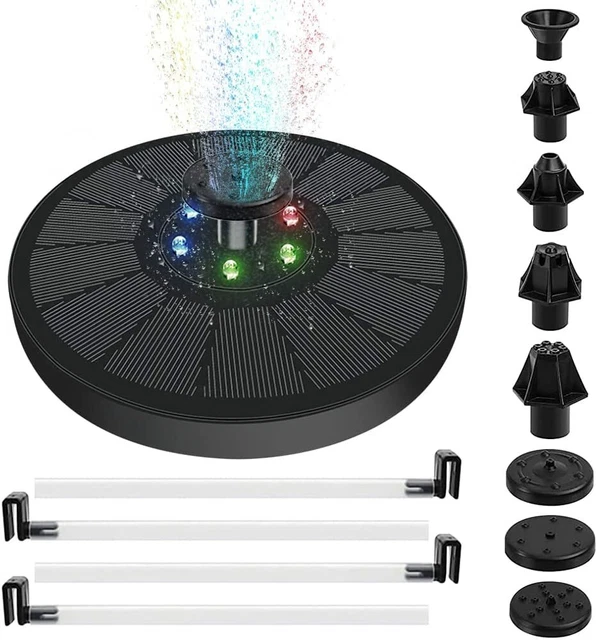 Fontaine Solaire Avec LED - 5.5W - Pour Bassin Ou Bain D'oiseaux - 7 Jets Différents - IP67 - Batterie 3300mAh