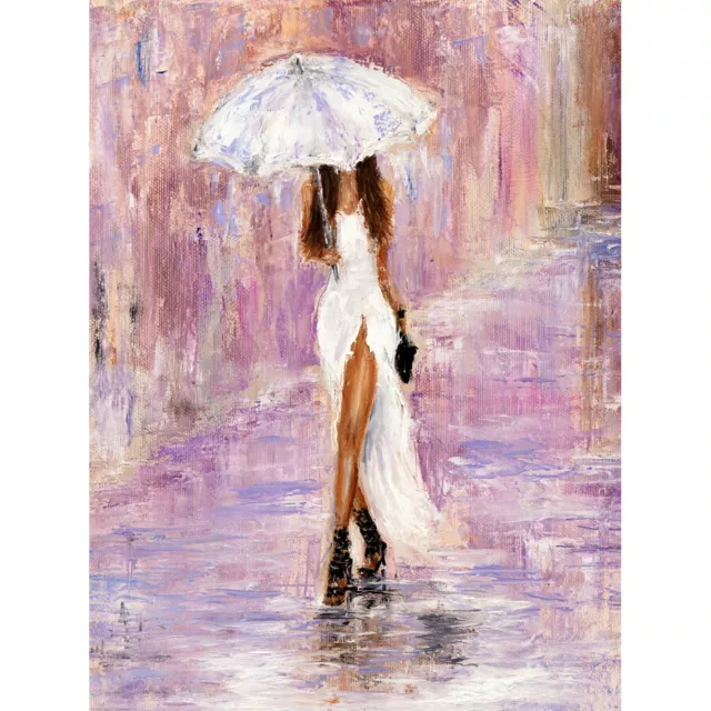 Woman In The Rain With Umbrella Art Print Canvas Premium Wall Decor Poster