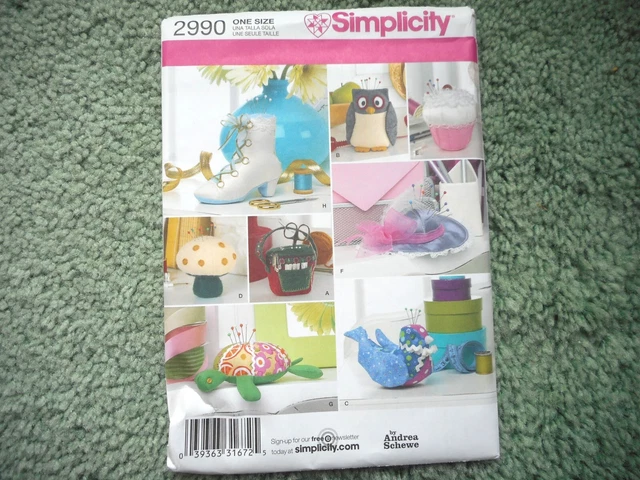 Simplicity 2990 pin cushions owl, bird, mushroom, cupcake, hat, etc. UNCUT (M)