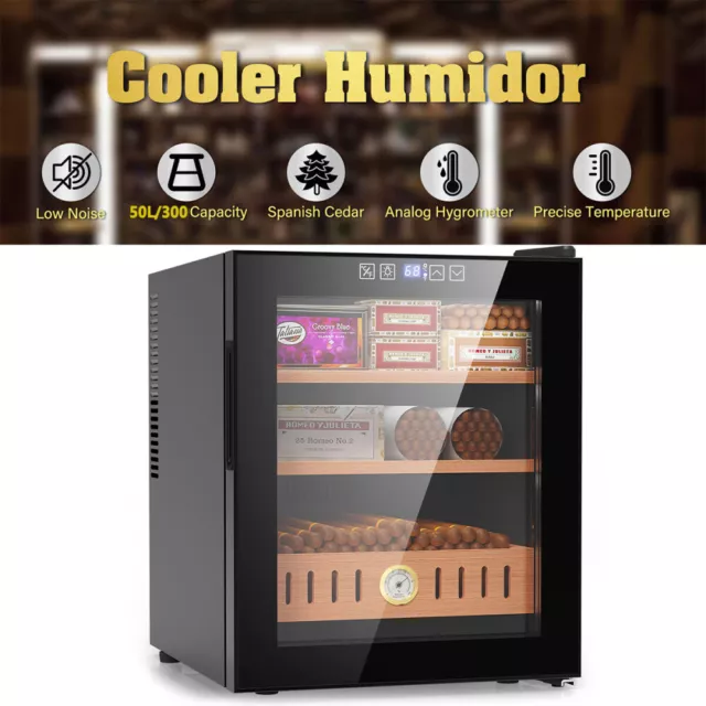 50L Electric Humidor Cigar Cooler W/ Spanish Cedar Wood Shelves, 300 Capacity US