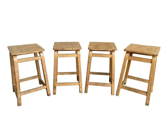 Set of 4 Old Reclaimed Wooden Waxed Stools-School Chair-Wooden Seat-Bar Stool