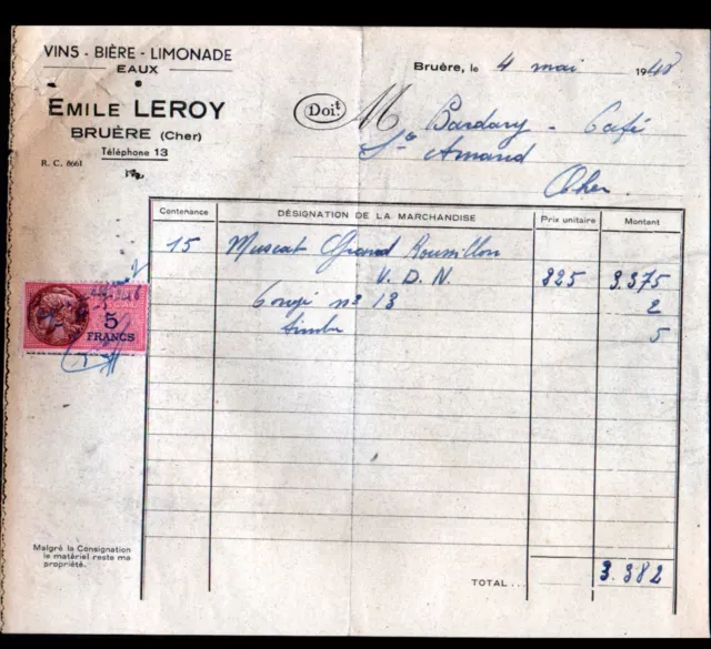 BRUERE-ALLICHAMPS (18) VINS BIERES LIMONADES "Emile LEROY" en 1948